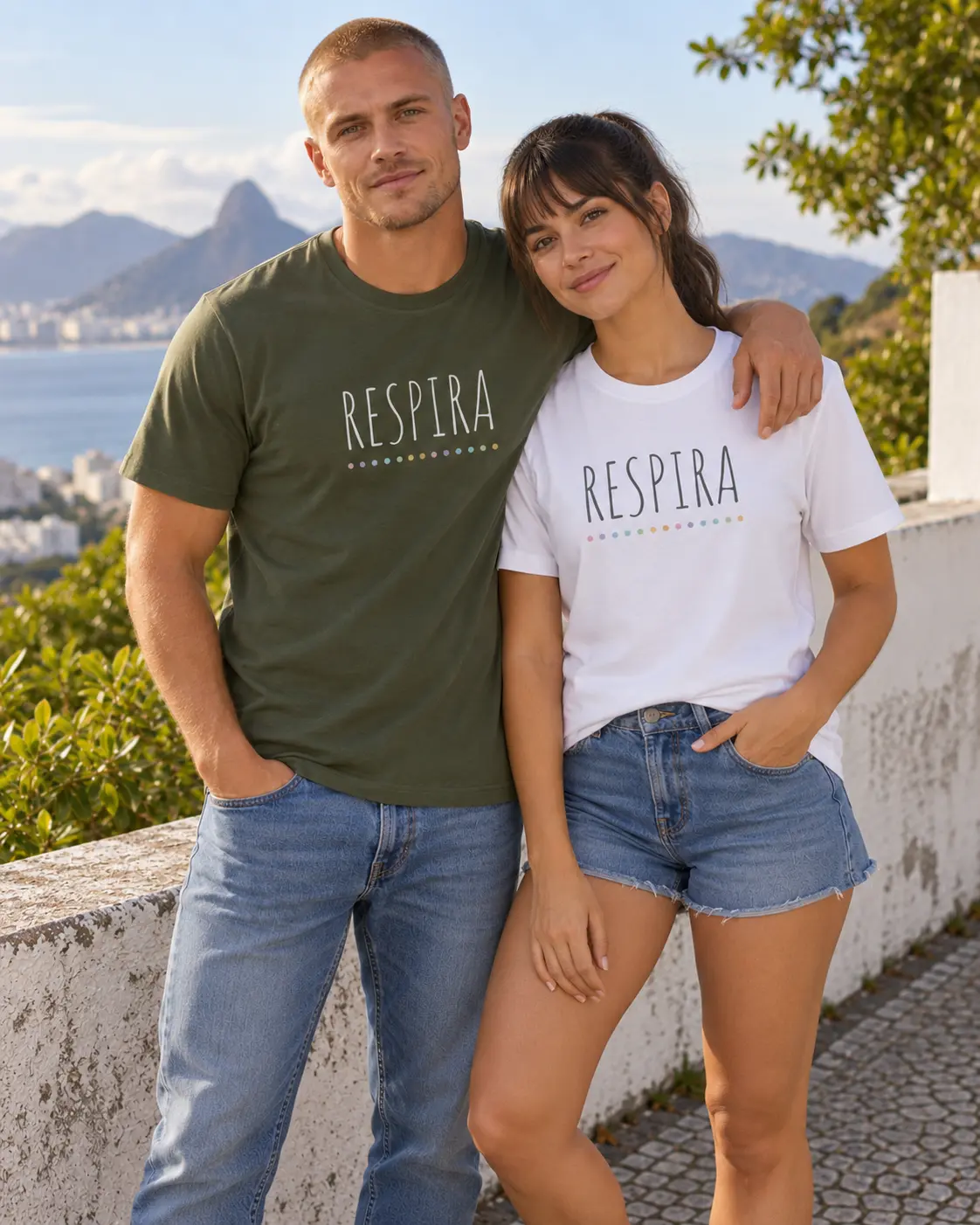 Casal usando camisetas Respira unissex PATCCASTRO Yoga