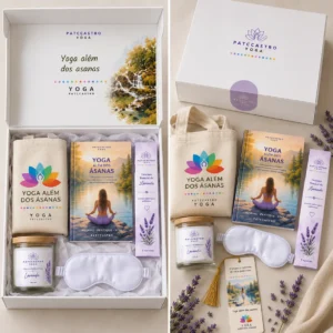 Kit Vivência PATCCASTRO Yoga com livro, ecobag, vela, incenso, máscara de olhos, marcador e caixa presenteável